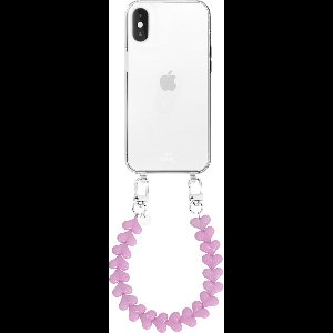 xoxo Wildhearts siliconen hoesje - Geschikt voor iPhone XS Max hoesje - Funky Hearts - Telefoonhoesje - Hoesje met koord - roze koord - kort telefoonkoord - Hartjes ketting - Transparant hoesje