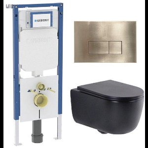 QeramiQ Dely Swirl Toiletset - 36.3x51.7cm - Geberit UP720 Duofix Sigma inbouwreservoir - slim zitting - geborsteld messing bedieningsplaat - rechthoekige knoppen - mat zwart