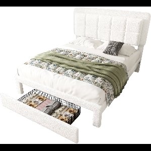 Merax Gestoffeerd Bed 160x200 cm Wit Fluweel Met LED Verlichting USB-Aansluitingen Verstelbaar Hoofdbord en Grote Opbergruimte