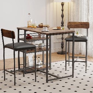 Moderne Industriële Bartafel Set voor 2 Personen met Opbergruimte en Gestoffeerde Barkrukken – 3-delig, Vintage Bruin – Medahomestore