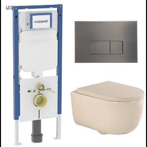 QeramiQ Dely Swirl Toiletset - 36.3x51.7cm - Geberit UP720 Duofix Sigma inbouwreservoir - 35mm zitting - gunmetal bedieningsplaat - rechthoekige knoppen - beige