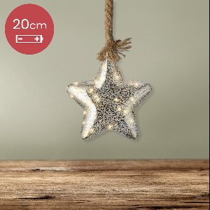 Kerstster met jute touw en 15 LED lampjes - 20cm - Zilver glas