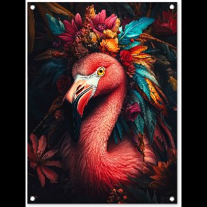 Tuinposter 60x80 cm - Tuindecoratie Flamingo - Kleuren - Bloemen - Veren - Poster voor in de tuin - Buiten decoratie - Schutting tuinschilderij - Tuindoek muurdecoratie - Wanddecoratie balkondoek