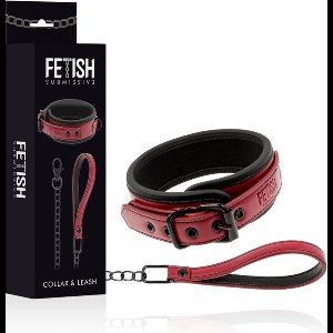 Fetish Submissive Dark Room - Halsband met Leiband - Lederlook - Bordeaux en Zwart
