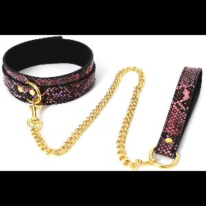 Kiotos Leather - Collar En Leiband Met Reptielenprint - Goud/Roze - veganistisch vriendelijk