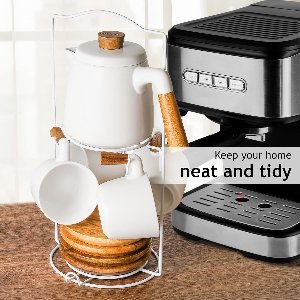 1000 ml keramische theepot set met thee-ei en kopjes/theezeef, 4 keramische thee mokken (300 ml), bamboe schotels/handvat voor thuis en kantoor (Witte met Rek)