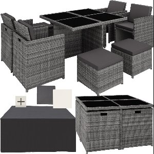 tectake® Loungemeubelset - Wicker tuinset - 4 stoelen, 4 krukken en 1 tafel - Tuinmeubelen voor balkon, tuin en terras - Inclusief beschermhoes en kussens - Met 2 kleuren hoezensets - Gemakkelijk te onderhouden - Glazen tafelblad - Grijs