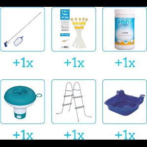 Accessoires voor Bestway Steel Pro Zwembad - 300x201x66 cm - Rechthoekig - Met filterpomp - Bestway - 56411 - Schoonmaakset - Testrips - Chloor - Chloordrijver - Ladder - Voetenbad