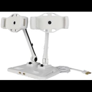 DELTACO ARM-267 Standaard met 2-armen, Universele houders voor Smartphone & Tablet (4 – 12,2 inch), 360 graden rotatie, 2 ingebouwde USB 2.0-poorten, wit
