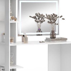 Luxe Kaptafel met LED Spiegel – Make-Up Tafel met Zijplanken – Beauty Bureau met Verlichting – 122×55×150 cm – Moderne Make-Up Station – Wit – Opbergvakken – Salon Kwaliteit – Medahome