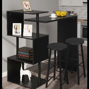 Elegante L-vormige Bartafel met 2 Barkrukken, 3 Opberglekken en Draaibaar Tafelblad 134 x 38 x 112 cm – Stijlvolle Bistro- en Keukentafel – Medahomestore