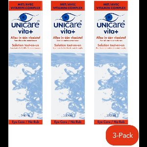 Unicare Vita+ - Alles-in-één Lenzenvloeistof - 3 x 250 ml - Voor zachte contactlenzen - Unieke formule met Provitamin B5 - Inclusief lenshouder