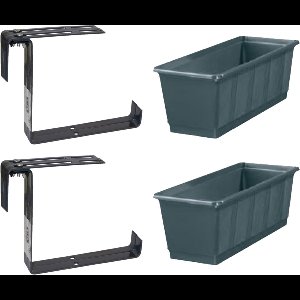 Set van 3 kunststof plantenbakken antraciet grijs rechthoekig 40 cm met 6 verstelbare railing beugels