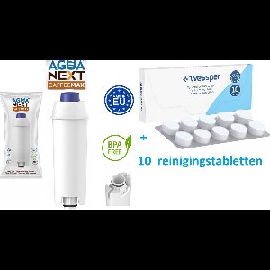 Agua Next CaffeeMax waterfilter vervanging voor Delonghi koffiemachine, 1 st. + extra Tabletten voor het reinigen en ontvetten van de koffiemachine - 10 x 2g - universele reinigingstabletten