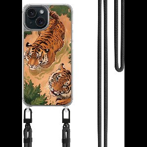 Hoesje met koord geschikt voor iPhone 15 - Wild tigers - Inclusief zwart koord - Crossbody beschermhoes - Transparant, Oranje - Mooie Telefoonhoesjes