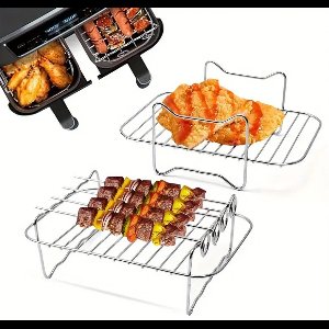 Dutchers® Set van 2 RVS Grill Rekken en 3x Spies stokjes - Wasbaar voor Dubbele Heteluchtfriteuse – Oven Accessoires - Te gebruiken voor: Ninja AF300EU, AF400EU, AF451EU, AF500EU, SL400EU en Andere Tweezone Airfryers