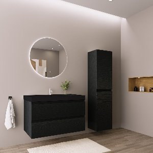 LOMAZOO Badmeubelset Zwart Eiken 80 cm - Wastafel Zwart - Badkamermeubel set - Wastafelmeubel - Badkamerkast hoog [AVALON]