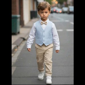 luxe drie delige katoenen set- hemd, broek, vastgenaaide gilet, vlinderdas- linnen/katoenmix-lichtbeige lichtblauw crème-feestoutfit-bruiloft-fotoshoot-verjaardag-doopsel- maat 80