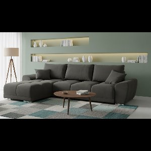 Hoekbank L-vorm Fluweel 289x189 cm met Opbergruimte & Uittrekbaar Bed – Luxe Licht Zwarte Velvet Slaapbank met Kussens – Slaapfunctie 130x220 cm – Comfort CollFeel Schuim – Moderne Familie Design Sofa – Medahomestore