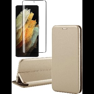 Hoesje geschikt voor Samsung Galaxy S21 Ultra - Screen Protector GlassGuard - Book Case Kunstleer ThinShield Goud & Screenprotector