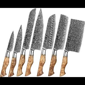 Luxe en Professionele 7-delige Keukenmessen-set van Damascus Staal (67 lagen, VG10) | HEZHEN B30 Series | Handvat van Plataanhout met Klinknagel Mozaïek | Koksmes + Broodmes + Nakiri Hakmes + Hakmes + Santokumes + Groentemes + Schilmes