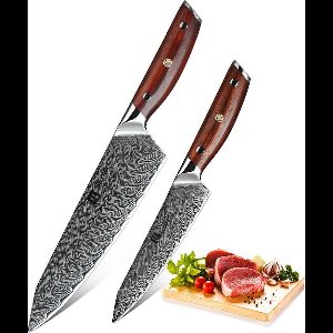 Luxe en Professionele 2-delige Keukenmessen-set van Damascus Staal (67 lagen, VG10) en Rozenhouten handgrepen | Xinzuo B27 Yi Series | Koksmes + Groentemes