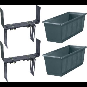Set van 5 kunststof plantenbakken antraciet grijs rechthoekig 60 cm met 10 verstelbare balkon/muurbeugels