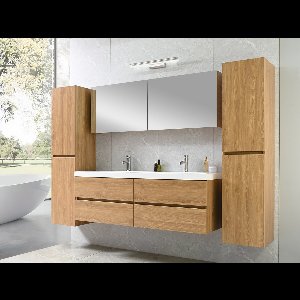 Badkamermeubel 2 persoons 145 cm - Hout decor - Complete set - 2 zijkasten - Incl. kranen en pop up drains