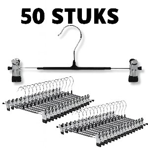 JustValue Kledinghangers met Klemmen - RVS - Anti-slip - 50 Stuks - Verstelbare Clips - Rokken - Broeken - Shirts - Blouses - Volwassenen - Kinderkleding - Kledingrek Hanger - Broekhanger Lichtgewicht - Kleerhangers - Grijs