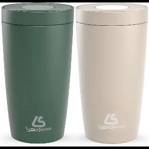 LuckySense® Koffiebeker to go - Set van 2 - Thermosbeker - Travel Mug - 380ml - RVS - Lekvrij - Donkergroen & Taupe