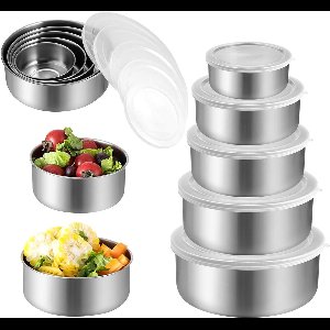 Zeynomax - Roestvrijstalen kommenset 5-delig met deksel - Stapelbaar en vaatwasmachinebestendig - Ideaal voor koken, bakken en opslag