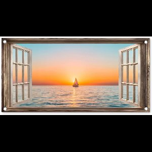 Tuinposter 80x40 cm - Tuindecoratie Doorkijk - Zee - Boot - Zonsondergang - Poster voor in de tuin - Buiten decoratie - Schutting tuinschilderij - Tuindoek muurdecoratie - Wanddecoratie balkondoek