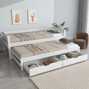 Dagbed, enkel en dubbel bed, uitschuifbaar bed met wielen onderaan, met 2 MDF lades, massief houten frame, wit (200x90cm/190x90cm)