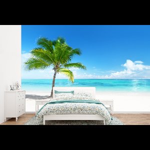 Behang - Fotobehang Palmboom - Strand - Zee - Zomer - Breedte 390 cm x hoogte 260 cm