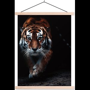 Posterhanger incl. Poster 40x53 cm - Schoolplaat - Dieren - Tijger - Zwart - Wild - Portret - Textielposter - Blanke latten
