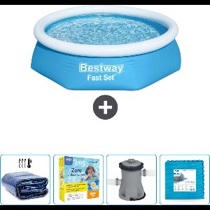 Bestway Rond Opblaasbaar Fast Set Zwembad - 244 x 61 cm - Blauw - Inclusief Solarzeil - Onderhoudspakket - Pomp - Vloertegels