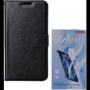 Bookcase Geschikt voor: OnePlus 9 - Zwart - portemonnee hoesje met 1 stuk Glas Screen protector