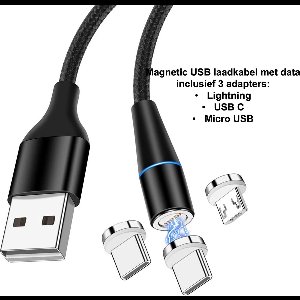 Bluetoolz® - USB magnetic laad & data kabel - 1 meter - inclusief 3 adapters - 3 jaar garantie