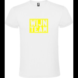 Wit T shirt met print van " Wijn Team " print Neon Geel size XXXXXL