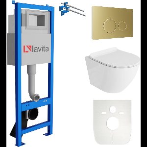 LAVITA® Inbouwreservoir Complete Toiletset LAV 101 - Inbouw WC Hangtoilet Wandcloset SOFI SLIM Wit Hoogglans - Bedieningsplaat 200.4.5 Gouden - Voorwandelement voor toilet 40cm - Installatiesysteem