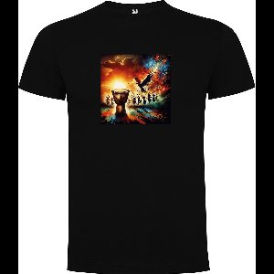 Zwart T-Shirt met “Kleurrijke Bongo drums met vogel – Afrikaans – Dansen – Muziek – Vrolijk “ Print Full Color Maat 2XL