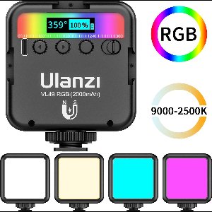 Ulanzi VL49 RGB Multi Color LED-videolamp - 2.000 mAh accu - Batterijduur 2 tot 10 uur - Wit/geel licht en kleuren - Met cold shoe mount en 1/4 inch schroefgat - USB-C - YouTube / TikTok lamp - Zwart