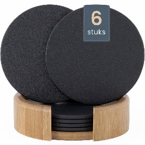 Kunstlederen Onderzetters met Houder – Design Onderzetters voor Glazen - Leren Onderzettersset – Set van 6 - Zwart