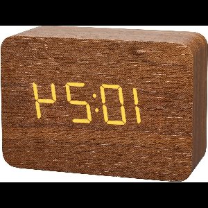 Mrs. Jones design radiogestuurde wekker in houtoptiek wekker met weergave van tijd, datum en binnentemperatuur bruin - oranje cijfers (L)100x(B)41x(H)70mm. .