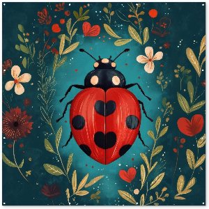 Tuinposter 200x200 cm - Tuindecoratie Bloemen - Lieveheersbeestje - Hartje - Rood - Poster voor in de tuin - Buiten decoratie - Schutting tuinschilderij - Tuindoek muurdecoratie - Wanddecoratie balkondoek