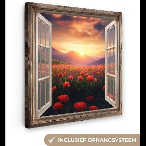 Canvas schilderij 90x90 cm - Exclusieve wanddecoratie Doorkijk - Klaprozen - Bloemen - Rood - Open raam - Muurdecoratie woonkamer - Slaapkamer decoratie - Kamer accessoires - Schilderijen op canvas