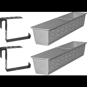 Set van 2 kunststof plantenbakken grijs rechthoekig 80 cm met 4 verstelbare railing beugels