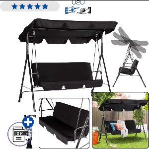 Merkloos Driepersoons Tuinschommel met Ligfunctie en Dak Zwart – Luxe Schommelbank met Matras en Kussens, Vrijstaand Stalen Frame, Rocking Chair voor Tuin en Terras, Comfortabel Zitten en Liggen Buiten voor 3 Personen Met Ebook