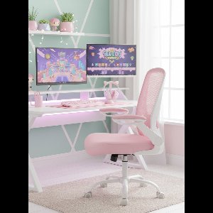 Ergonomische Bureaustoel met Verstelbare Lendensteun – Comfortabele Pastel Roze Kantoorstoel met Kantelfunctie, Dikke Zitting, Draaibaar & Inklapbare Armleuningen – 120kg Draagkracht – House&Garden