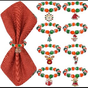 8 Sets Kerst Servet Ringen Servet Houder Ringen Xmas Servet Ring Set Rood Groen Glas Sneeuw Kralenpop Bell Charms Kralen Servet Ring voor Tafel Bruiloft Kerst Vakantie Feest Diner Decor